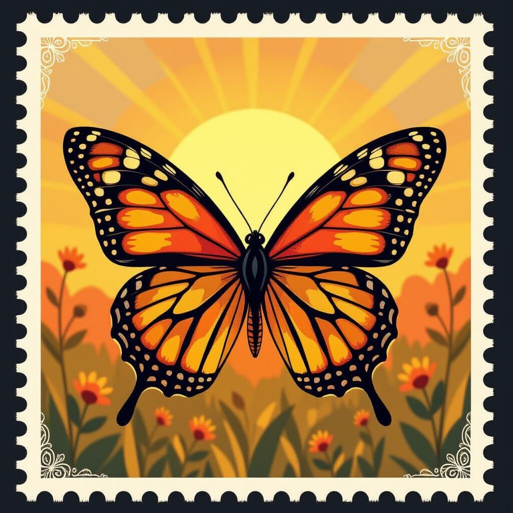 Majestic Butterfly Postage Stamp in Digital Painting Style