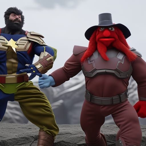 Photorealistic Muppet Superhero Battle in Claymation Style