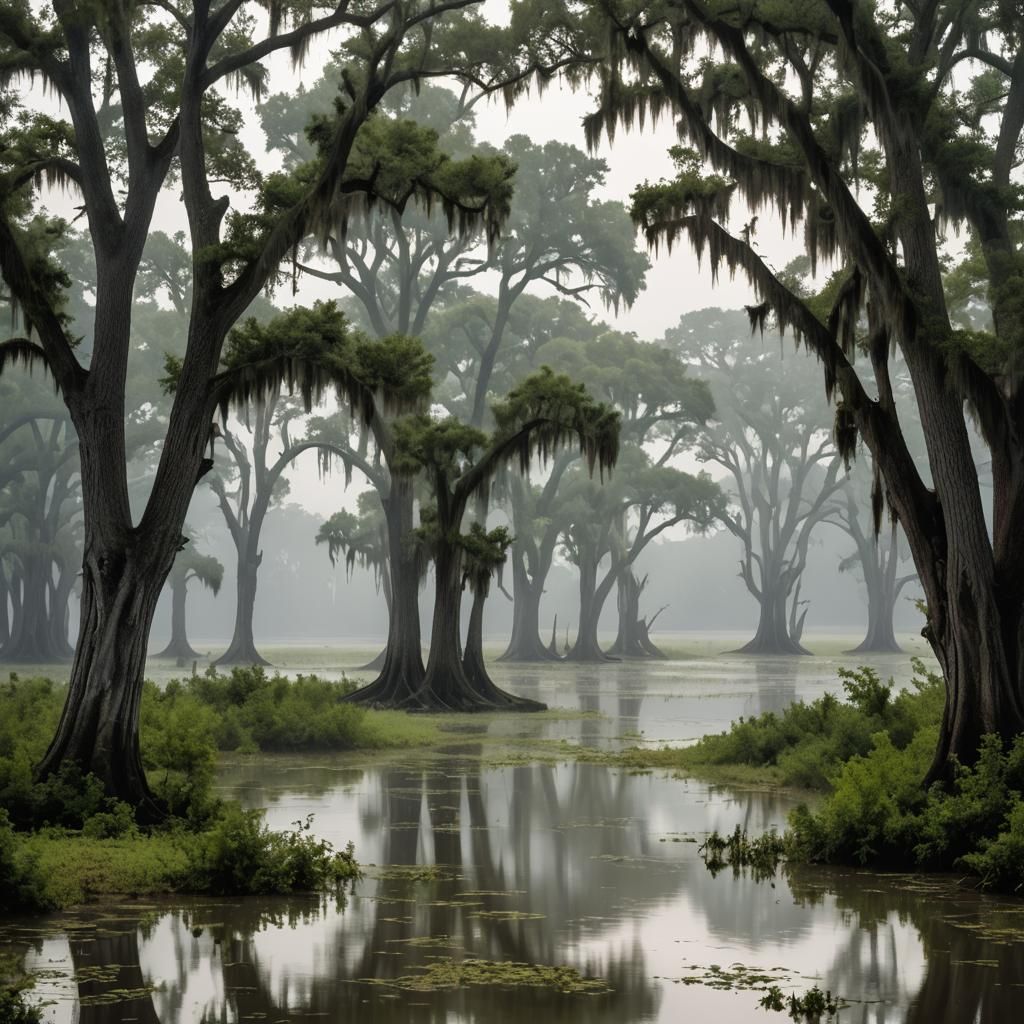 a serene, misty landscape of the Mississippi River Delta, with cypress trees, lazy rivers, and a sense of nostalgia, evo...