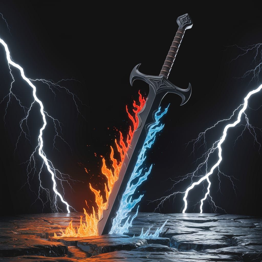 Ethereal Black Metal Sword in Fiery, Icy Contrast