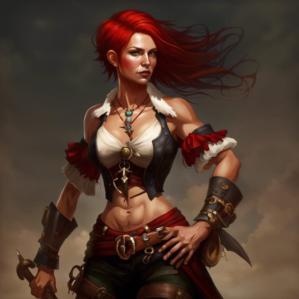 Muscular Pirate Goddess Portrait: Red Hair, Full Body