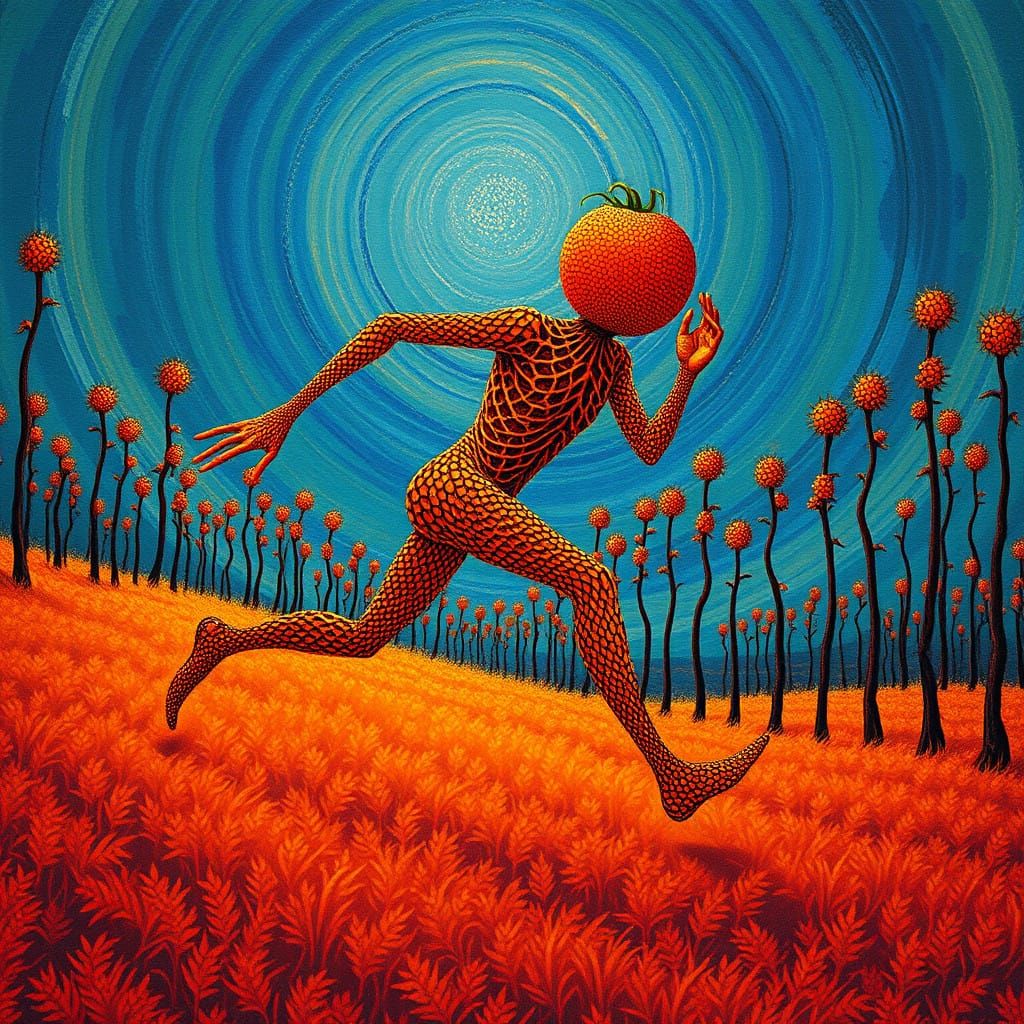 Surreal Figure Runs Through Luminous Landscape in Pointillis...