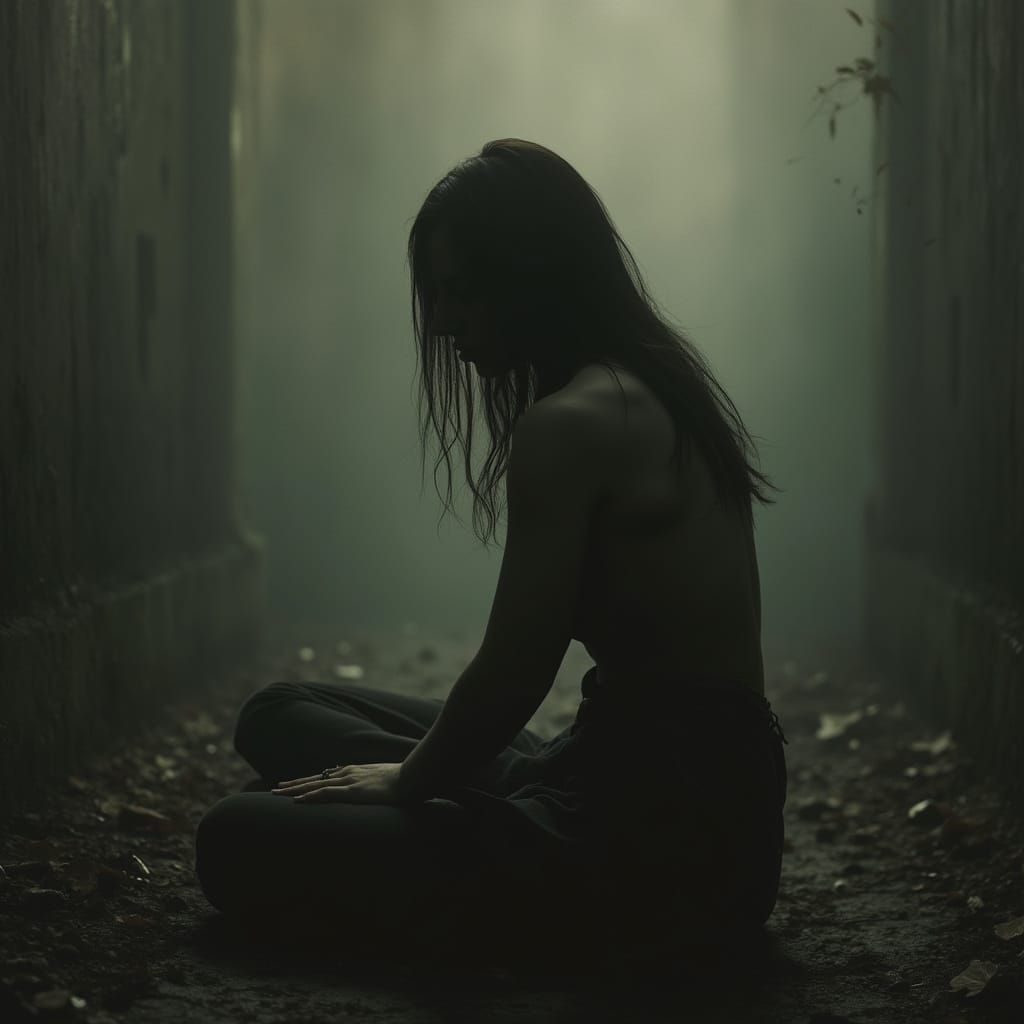 Scarred Woman in Dim Light, Moody Textures