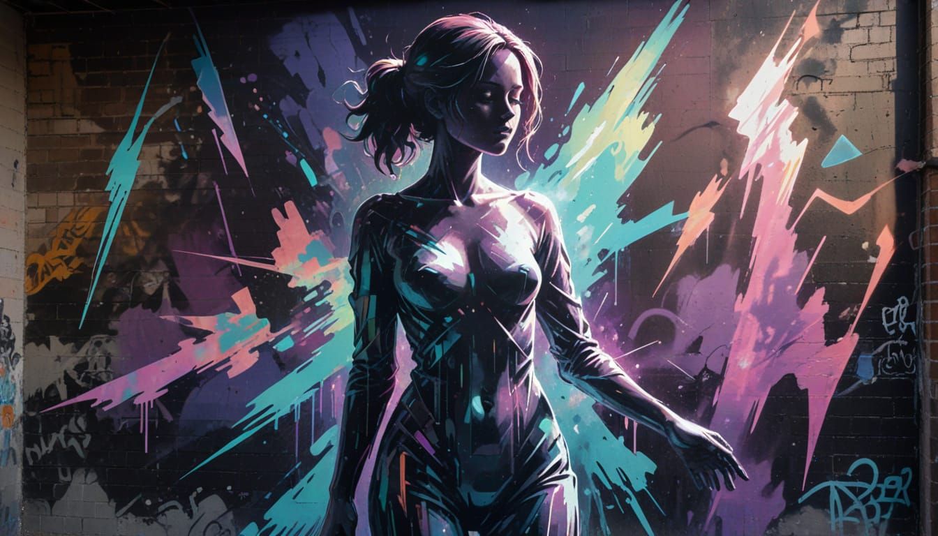 Glitch Art Silhouette in Iridescent Aura on Urban Graffiti W...