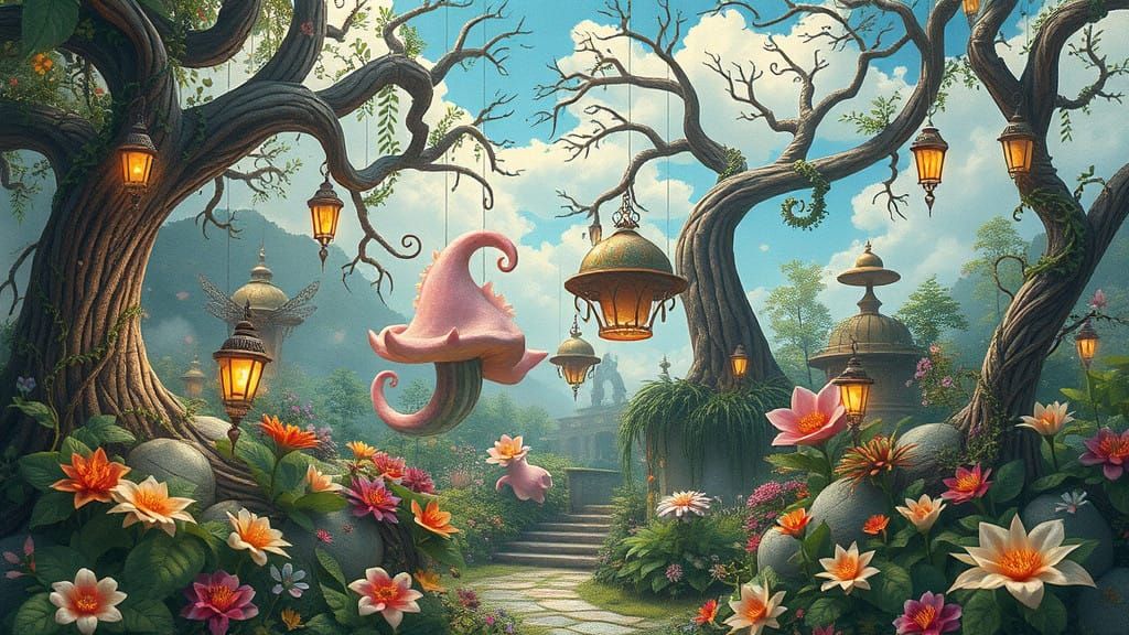 Surreal Secret Garden Blooms in Mid-Air, Twisted Vines and D...
