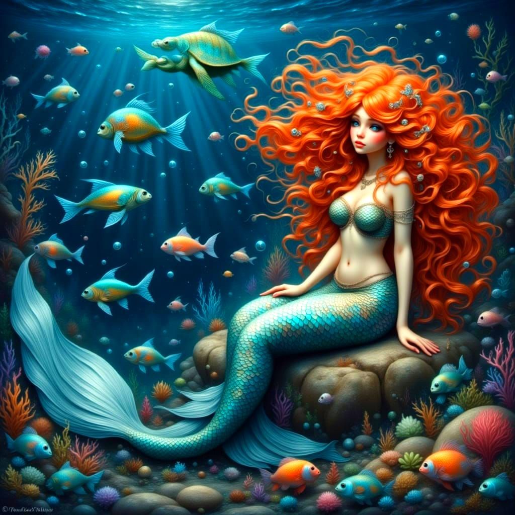 Underwater Mermaid with Flowing Red Hair