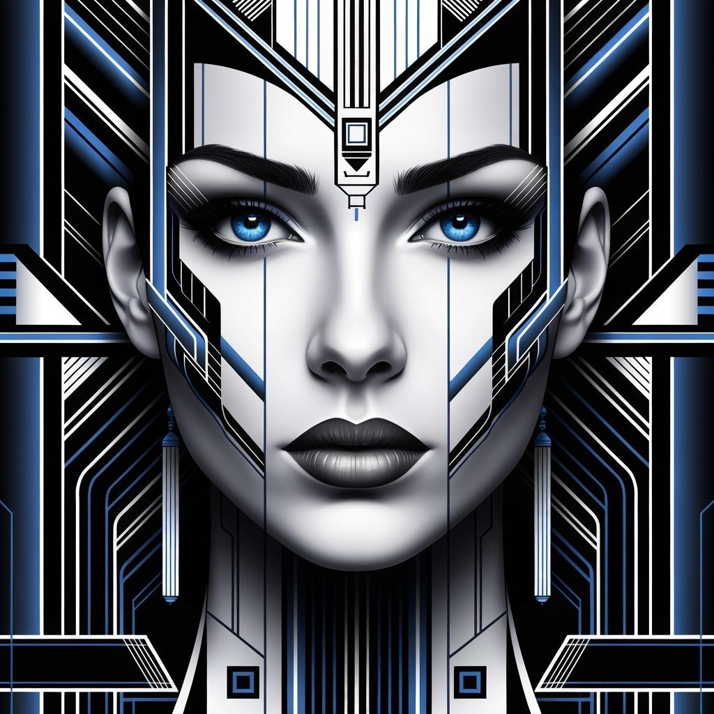 Stylized Digital Portrait of Woman in Geometric Art Deco Sty...