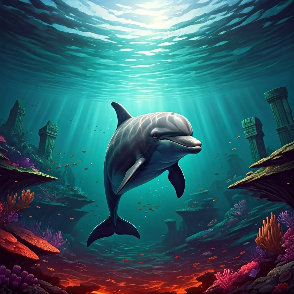Red-Eyed Dolphin in Emerald Ocean, Fantasy Concept Art