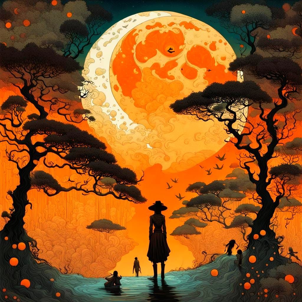 Orange Moonlight Paradise: Surreal Collage Illustration