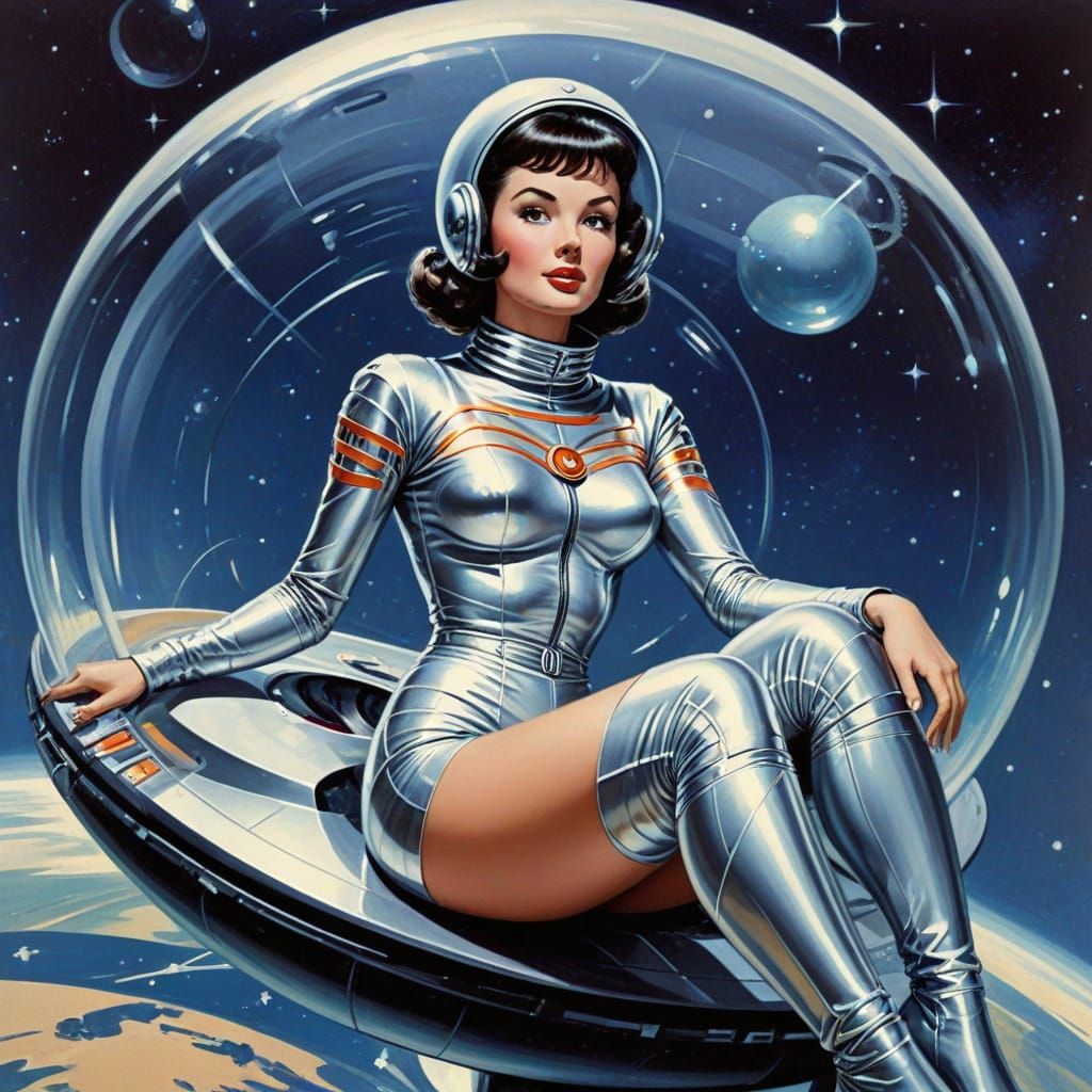 Retro Sci-Fi Girl in Flying Saucer Illustration