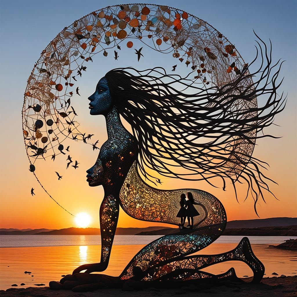 Surreal Fragmented Sculpture of Woman at Sunset