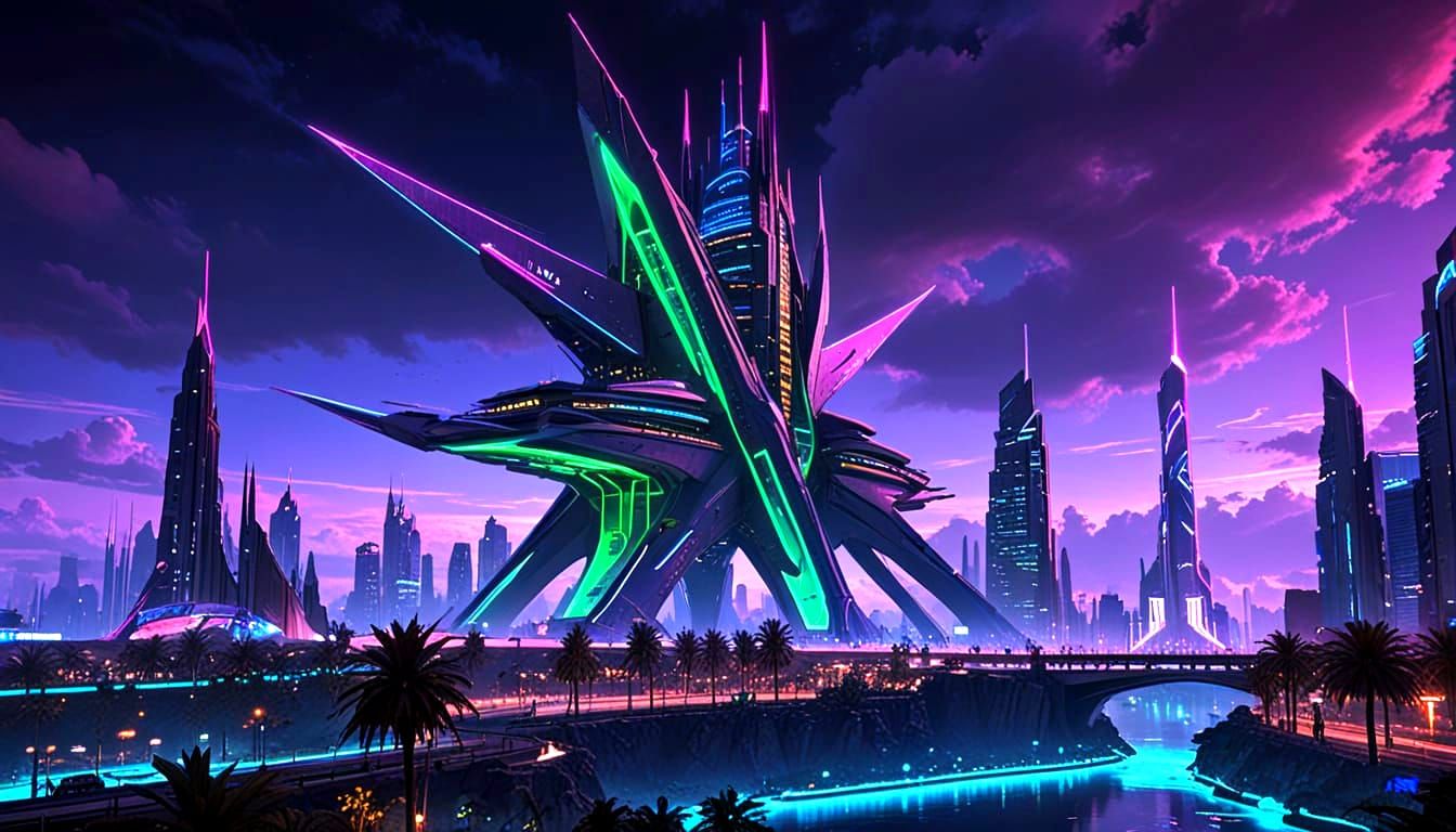 Cyberpunk Megastructure Oasis with Neon Spire
