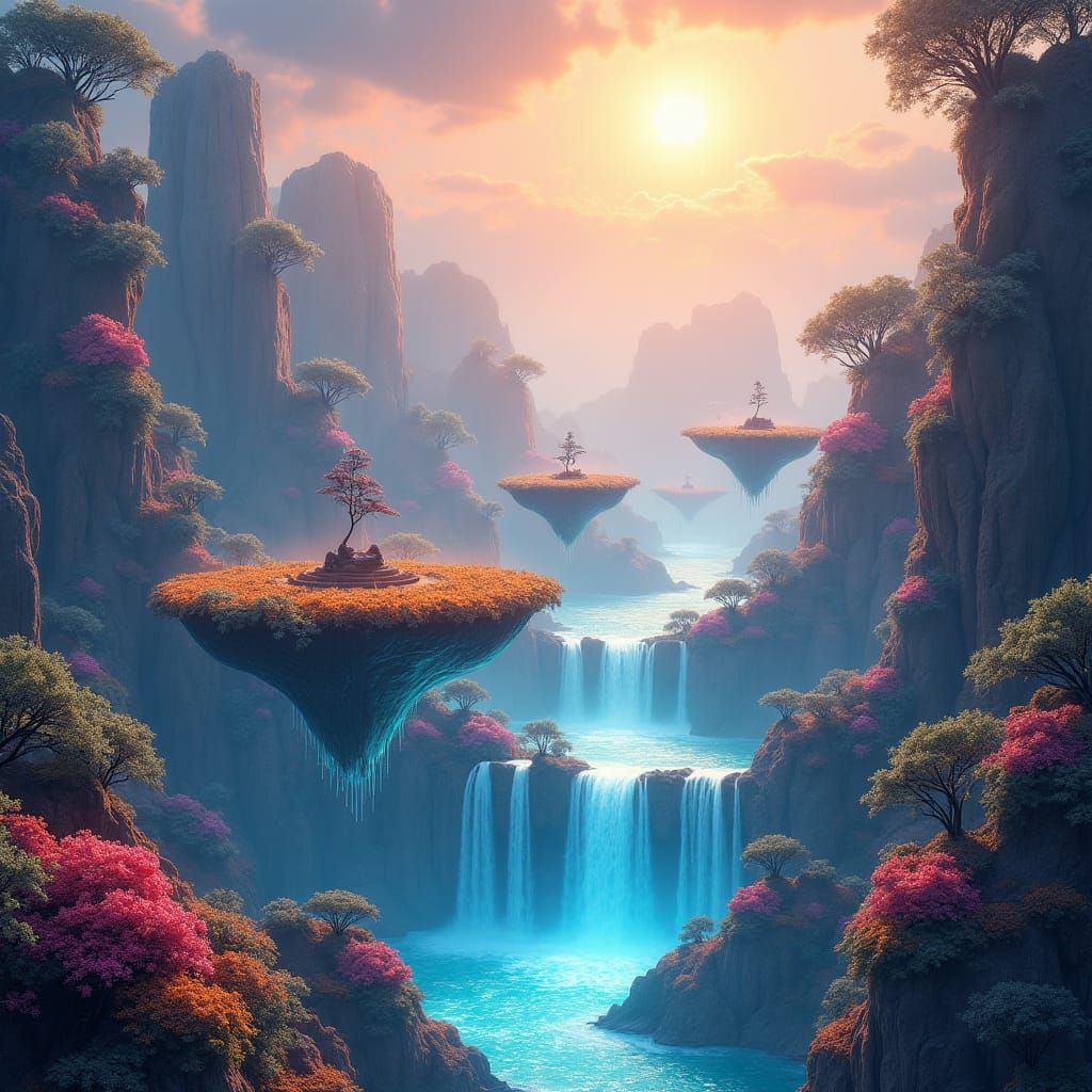 Mystical World with Floating Islands in Ethereal Light