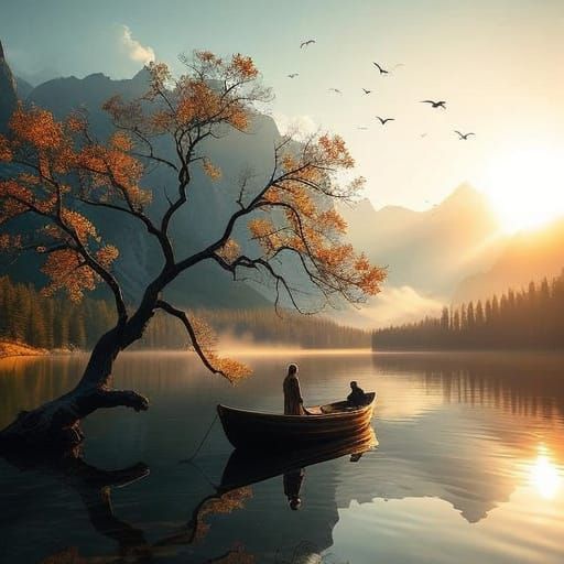 Serene Mountain Lake at Dawn with Gnarled Tree and Boat