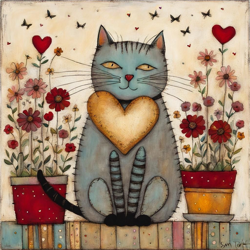 Cute Cat Surrounded by Flowers in Whimsical Art