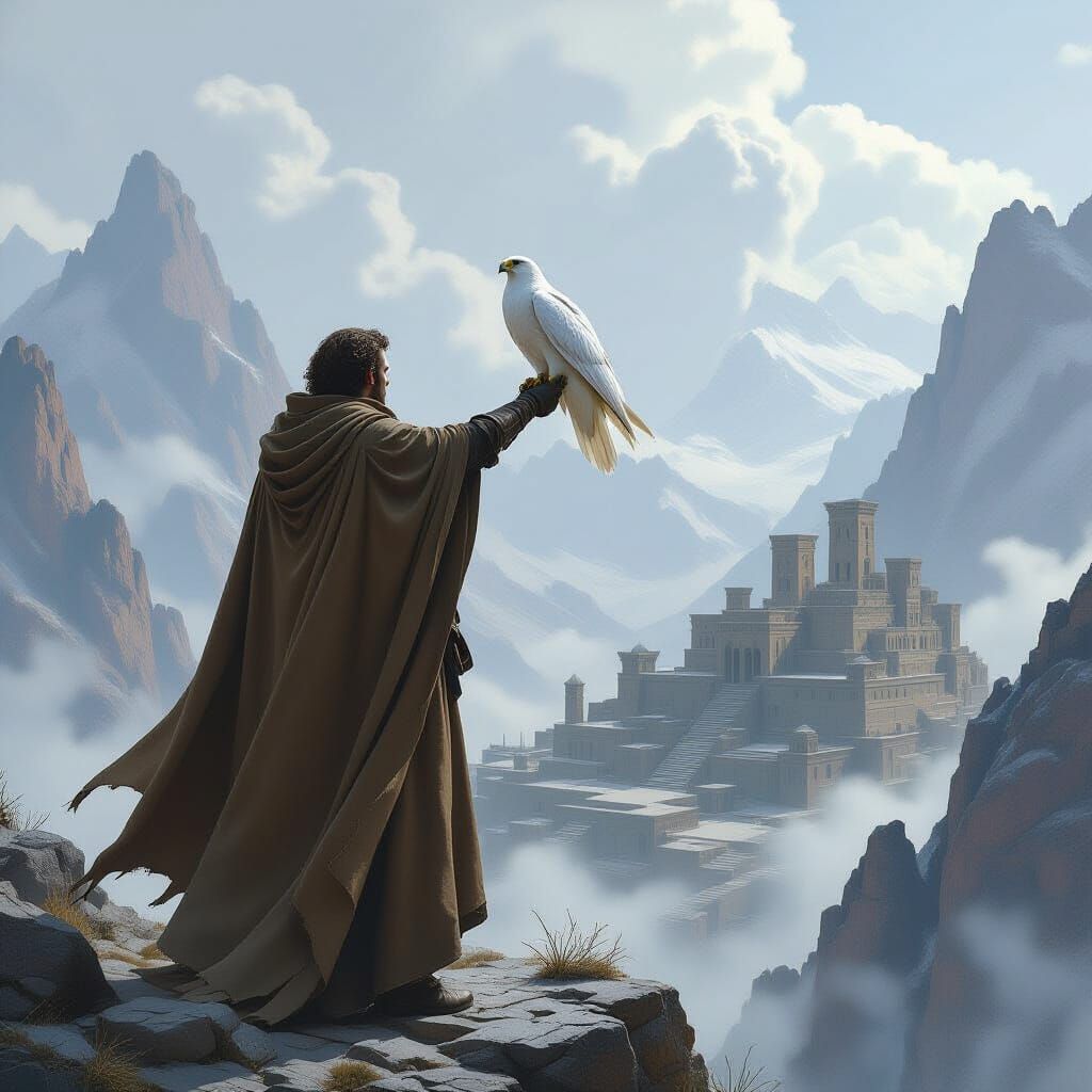 Man with Falcon Over Ancient Ruins in Atmospheric Style