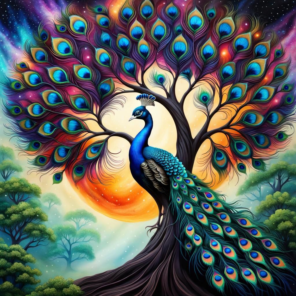 Fantastical Galaxy Tree with Peacock Feather Leaves
