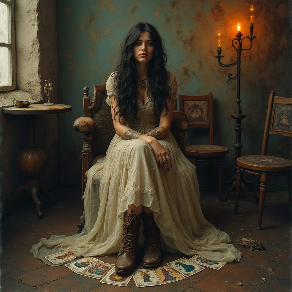 Mystical Gypsy with Tarot Cards in Dreamlike Style