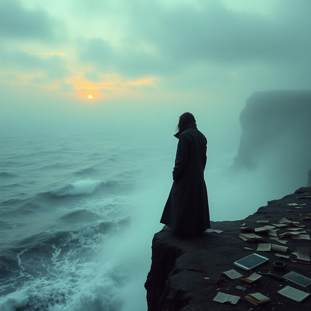 Desolate Figure at Cliff Edge in Haunting Sunset