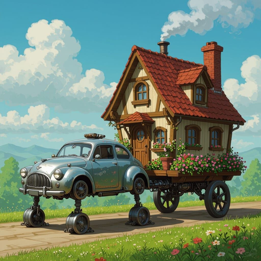 Whimsical Car-House Hybrid in Retro-Futuristic Style
