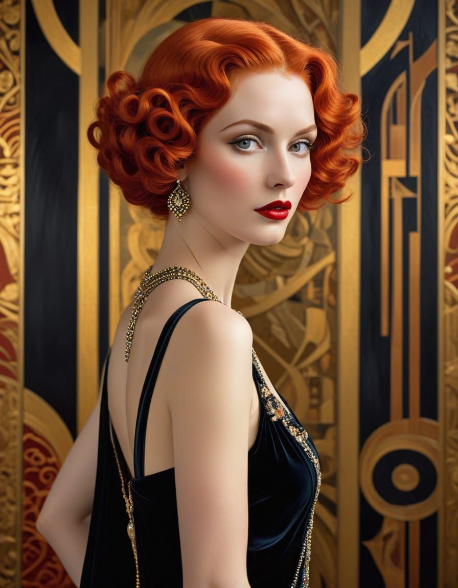 1920s Chic Art Deco Woman in a Stylish Black Evening Gown