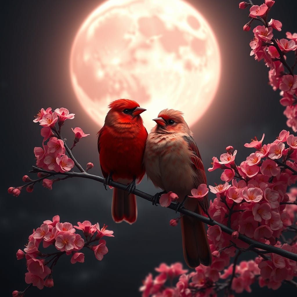 Royal Scarlet and Pale Red Birds Amidst a Vibrant Red Moonli...