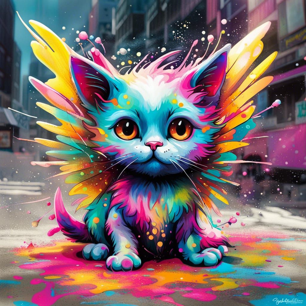 Whimsical Fairy Kitten in Graffiti Art Style
