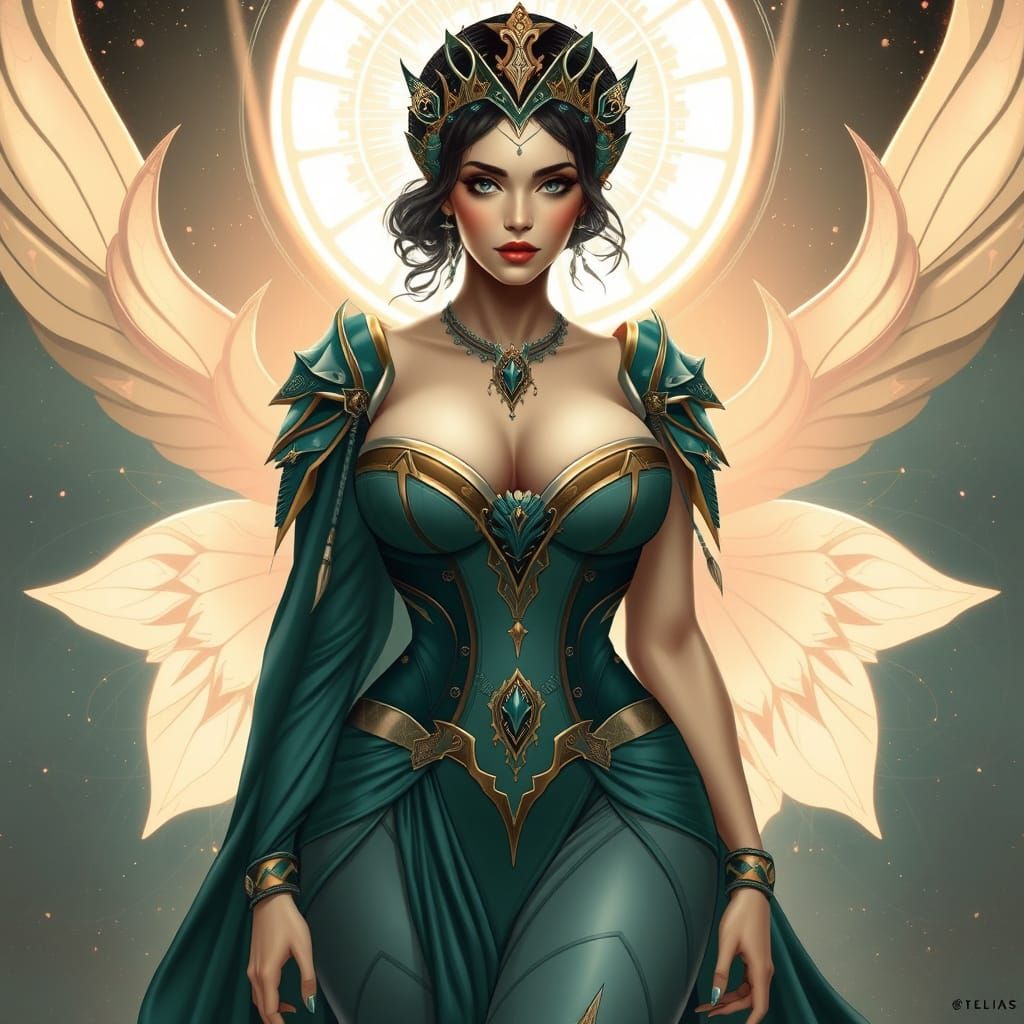 Elegant Sci-Fi Woman in Art Nouveau Cyberpunk Style