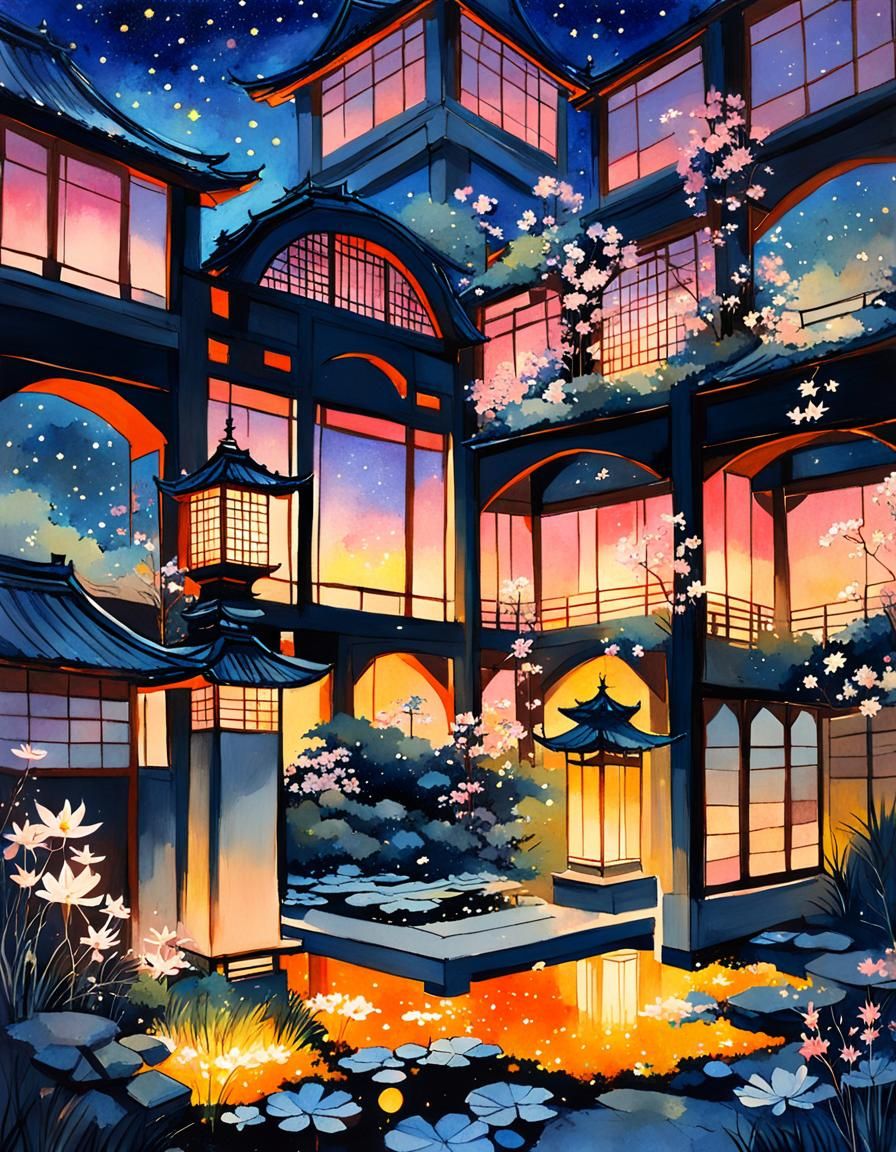 Japanese Garden at Sunset in Gouache Style