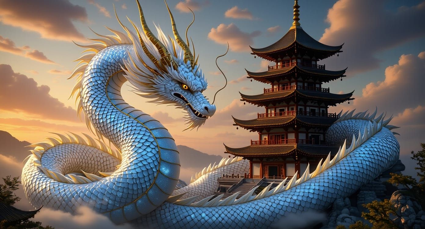 Celestial Dragon Coiled Around Ancient Pagoda