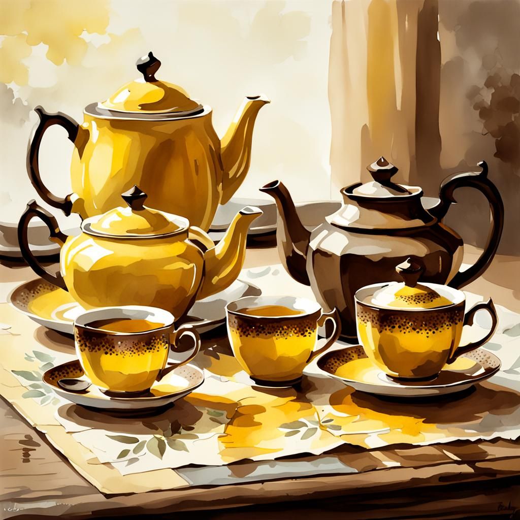 Retro Tea Set in Watercolor Style