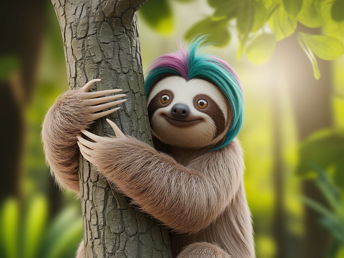 Sloth Embracing Tree in a Whimsical Forest Scene