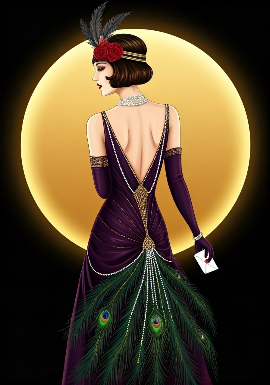 Art Deco Woman in Opulent 1920s Evening Gown