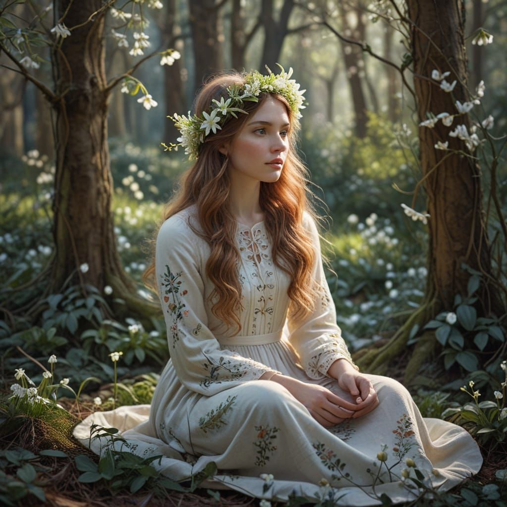 Ethereal Imbolc Girl in Whimsical Folk Art Style