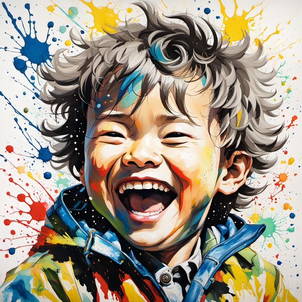 Joyful Toddler Portrait in Polychromatic Splash Art Style