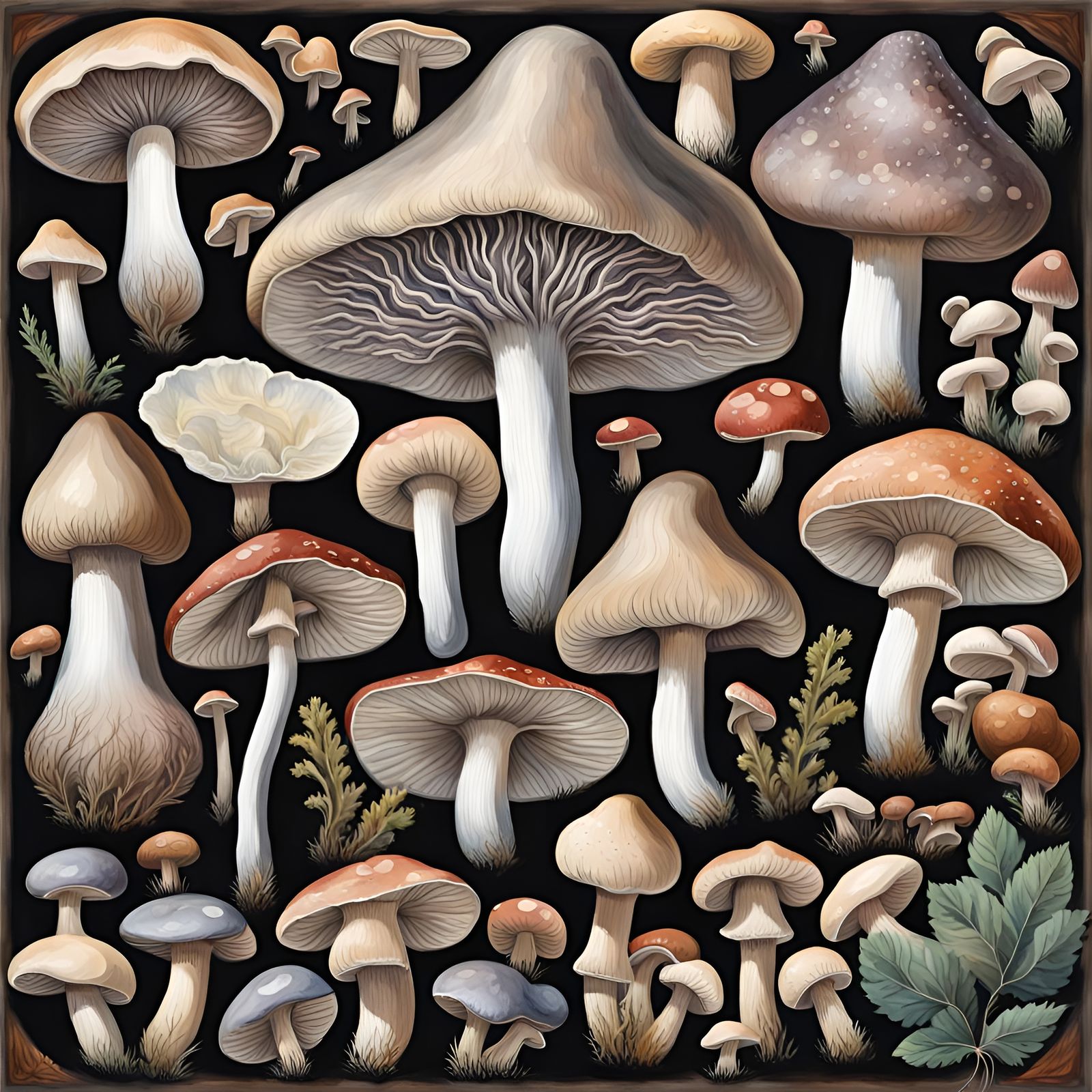 Detailed Gouache Illustration of Diverse Mushroom Species