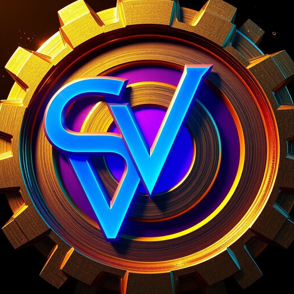 Golden Gear with Overlapping Letters in Deep Fantasy Colors