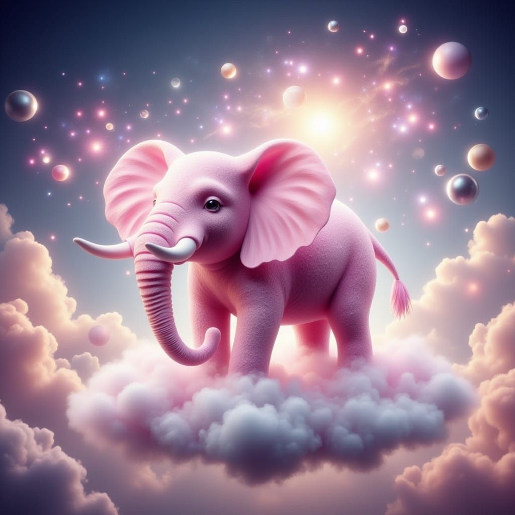 Enchanted Pink Elephant Soars on Clouds