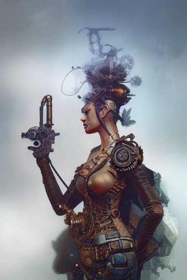 Intricate Steampunk Warrior Portrait in Noir Style