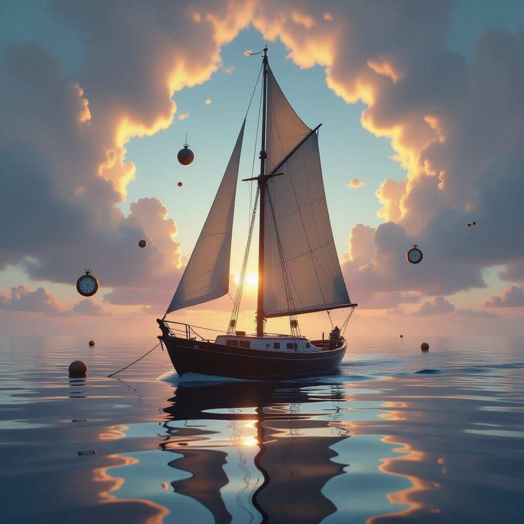 Surreal Sailboat Drifts in Melting Dreamscape