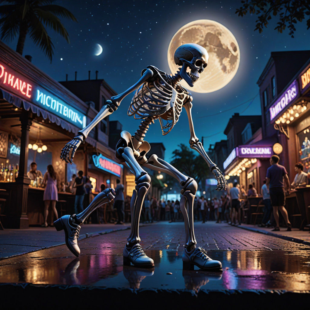 Elegant Skeleton Tap Dancer Under Full Moonlight