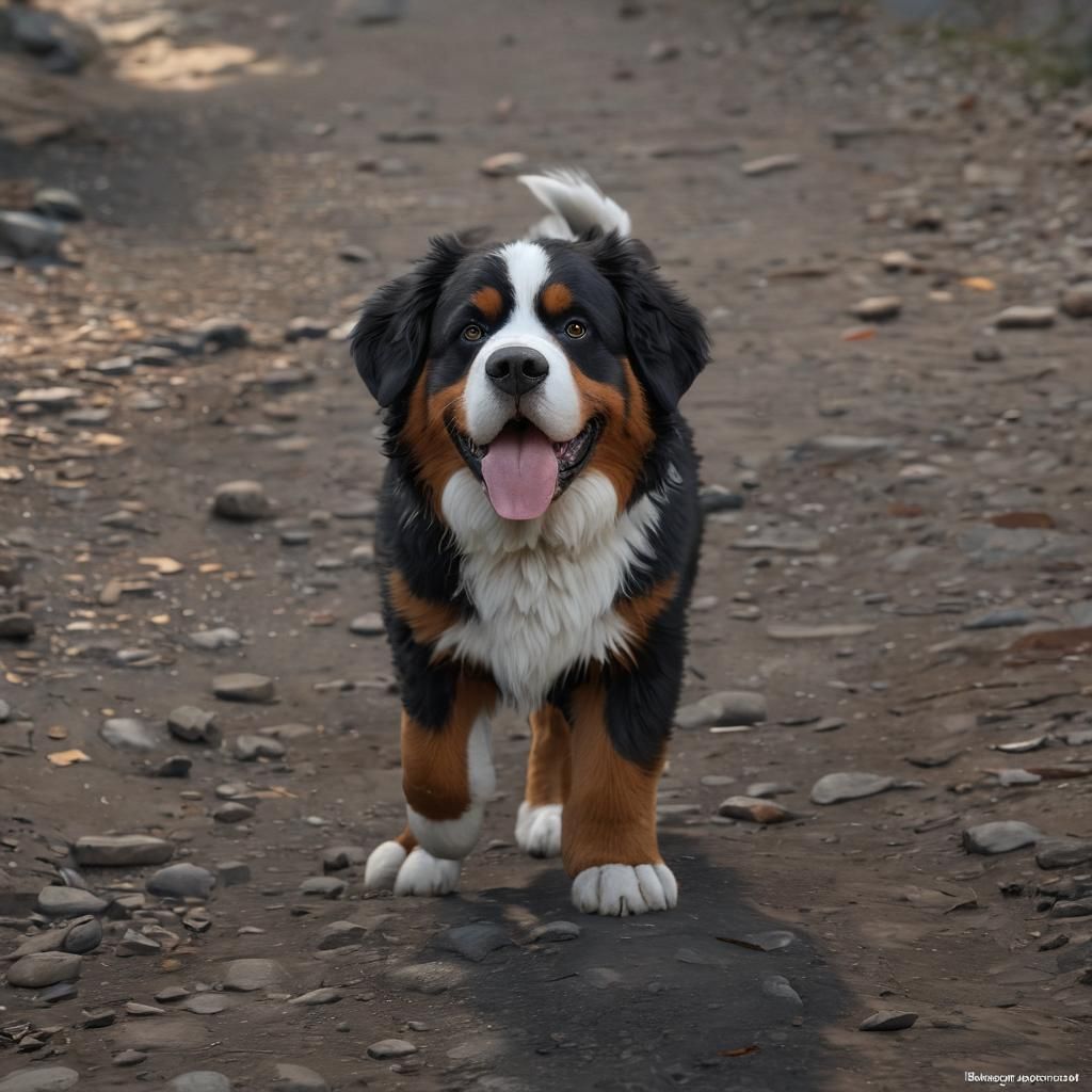 Floofy Bernese Mountain Dog in 3D Cinematic Style