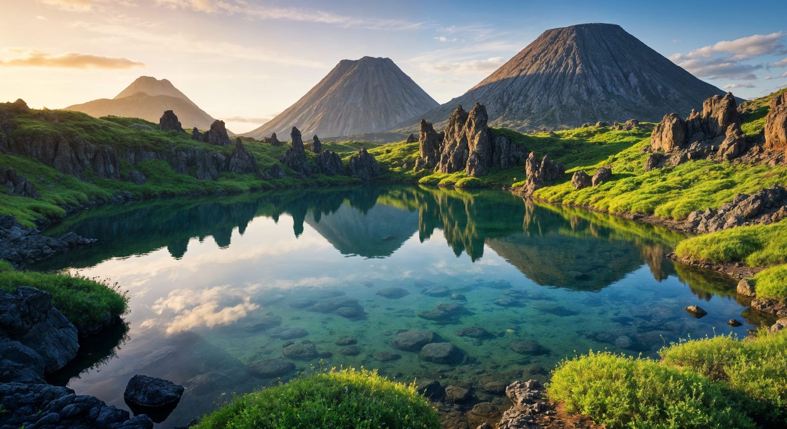 Volcanic Lagoon at Sunset, Romantic Landscape