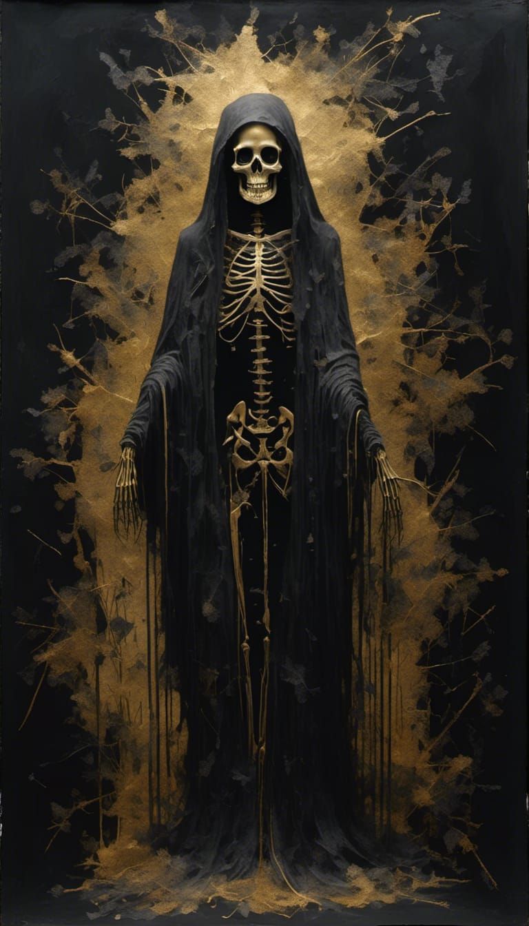 Black Santa Muerte Painting with Golden Highlights