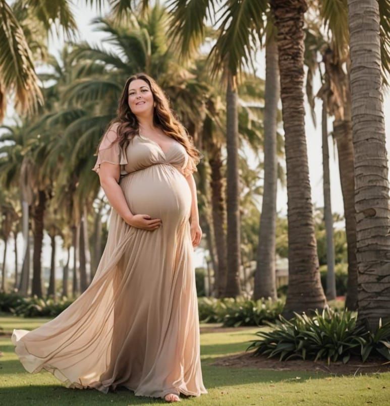 Pregnant Woman in Sheer Gown by Palm Tree