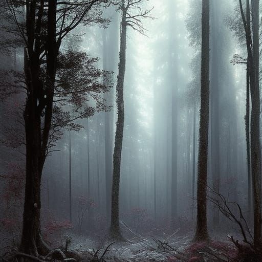 Creepy Forest Scene with Monsters in the Rain