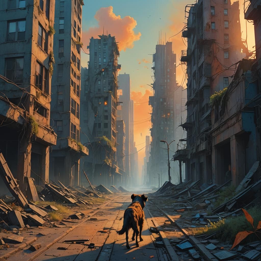 Dog in Dystopian Cityscape: Surreal Concept Art