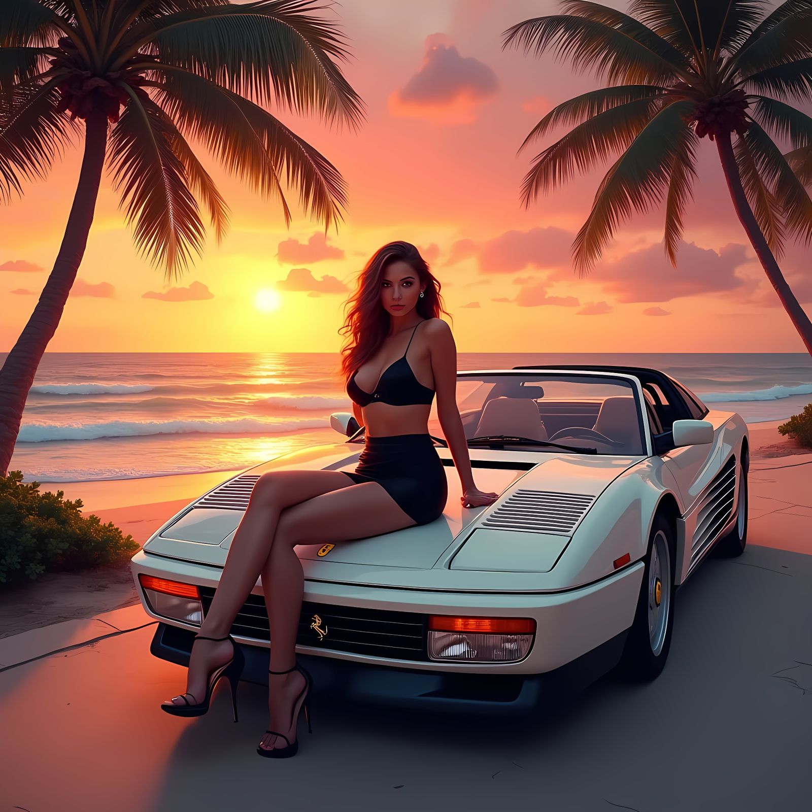 Miami Vice Sunset with Palm Trees and Ferrari