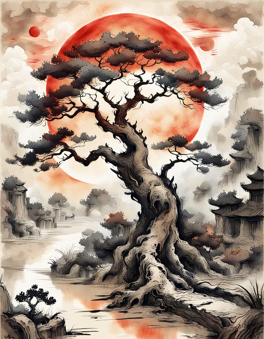 Detailed Tree Illustration in Chinese Ink Style