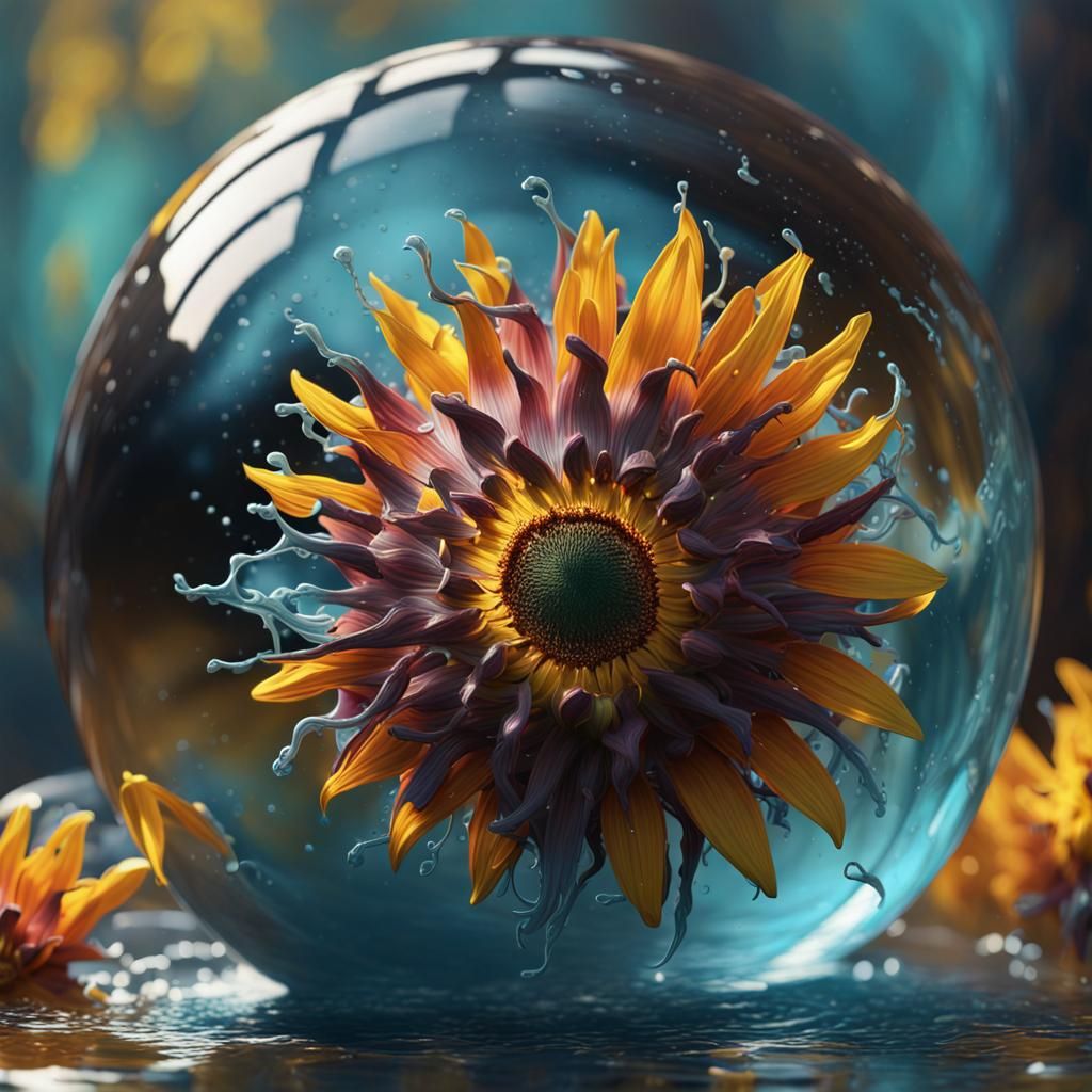 Hyperrealistic Sunflower in Glass Ball: Digital Art